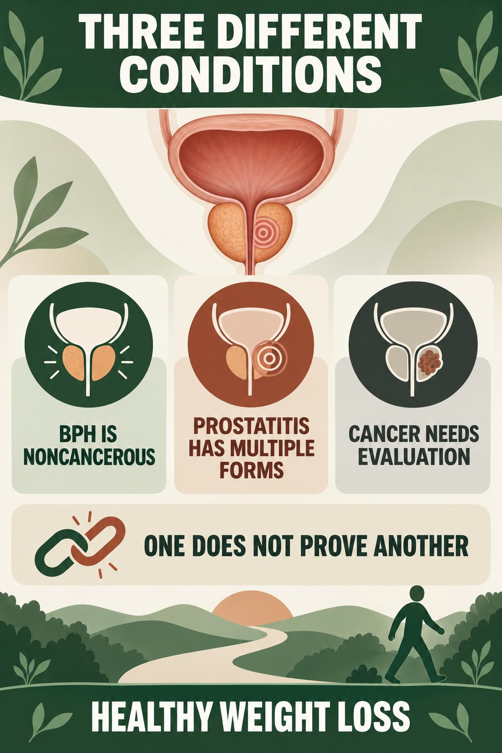 BPH, Prostatitis, and Cancer Are Different infographic for Healthy Weight Loss with four concise prostate-health awareness points.