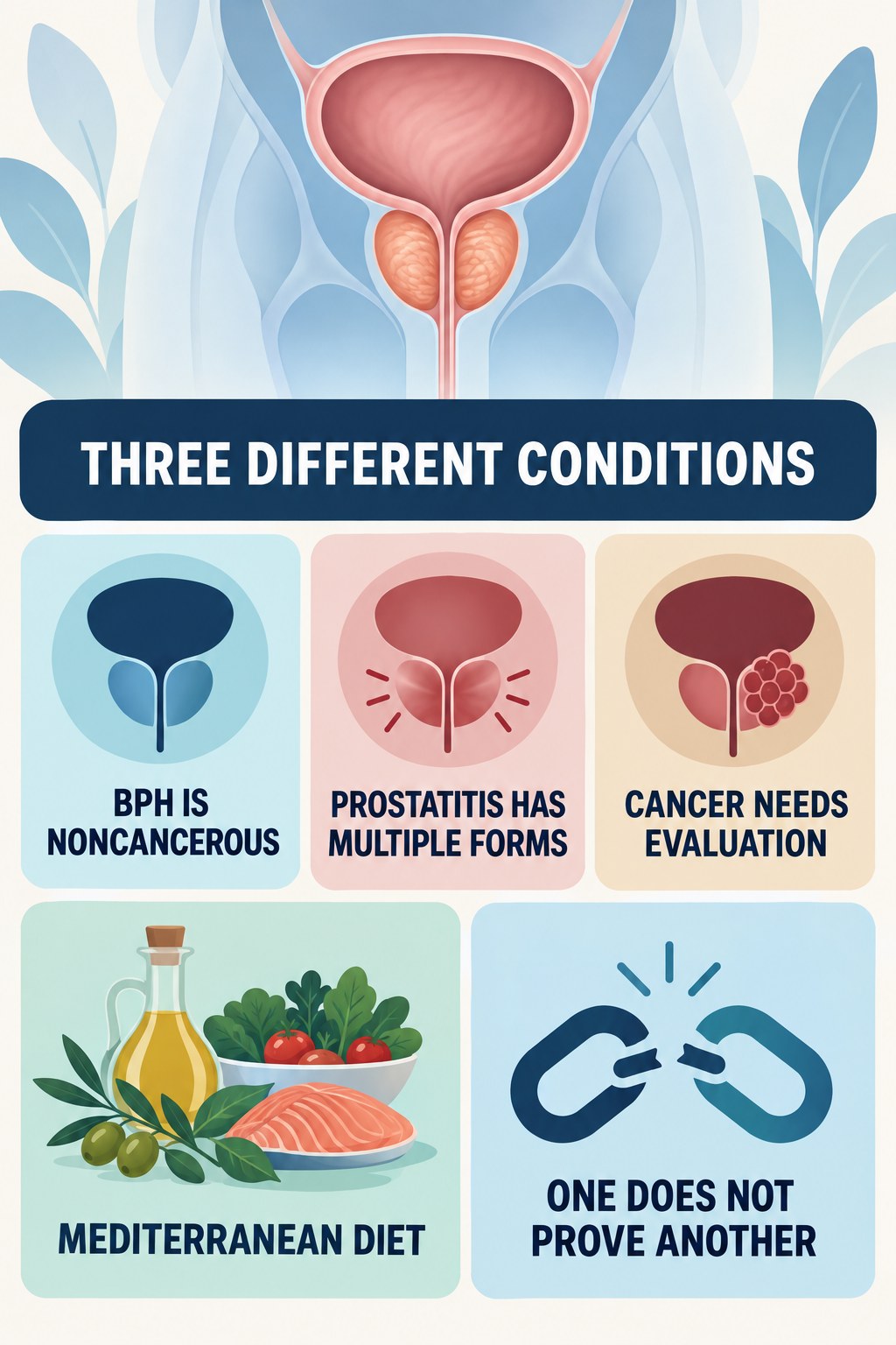 BPH, Prostatitis, and Cancer Are Different infographic for Mediterranean Diet with four concise prostate-health awareness points.