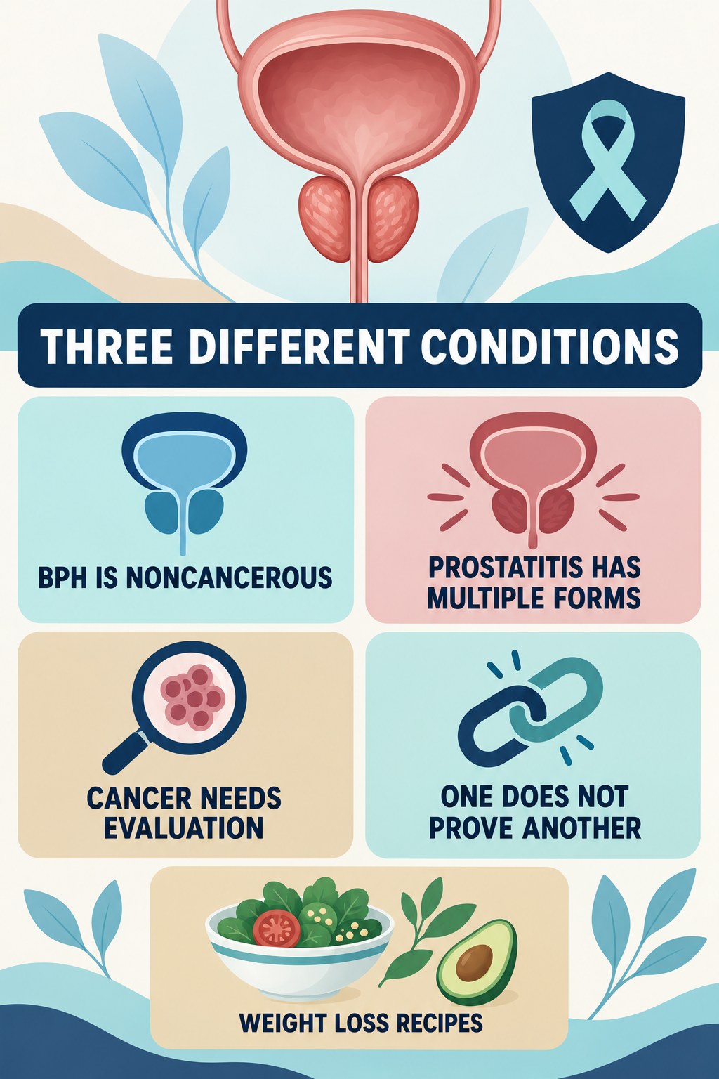 BPH, Prostatitis, and Cancer Are Different infographic for Weight Loss Recipes with four concise prostate-health awareness points.