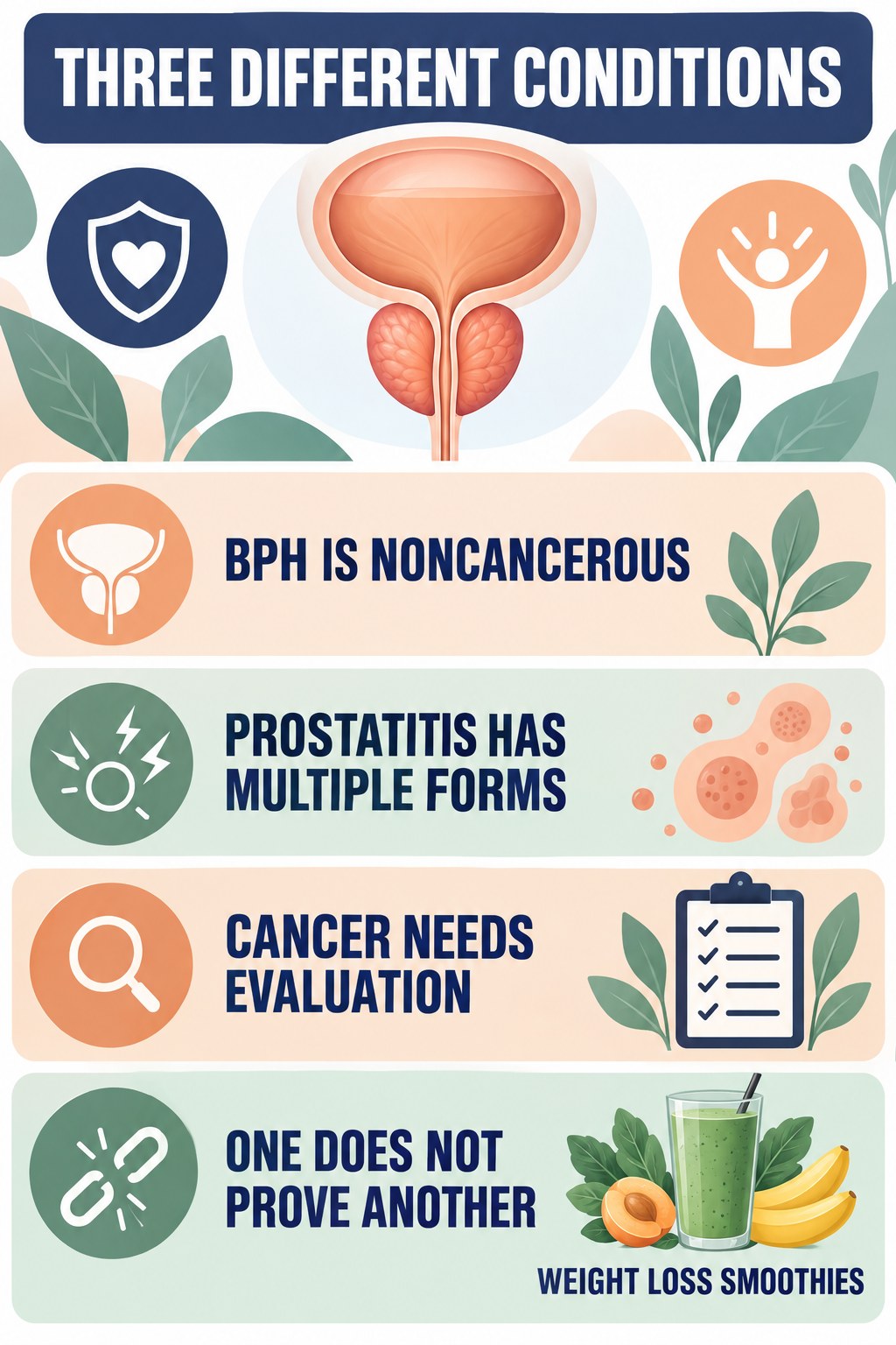 BPH, Prostatitis, and Cancer Are Different infographic for Weight Loss Smoothies with four concise prostate-health awareness points.