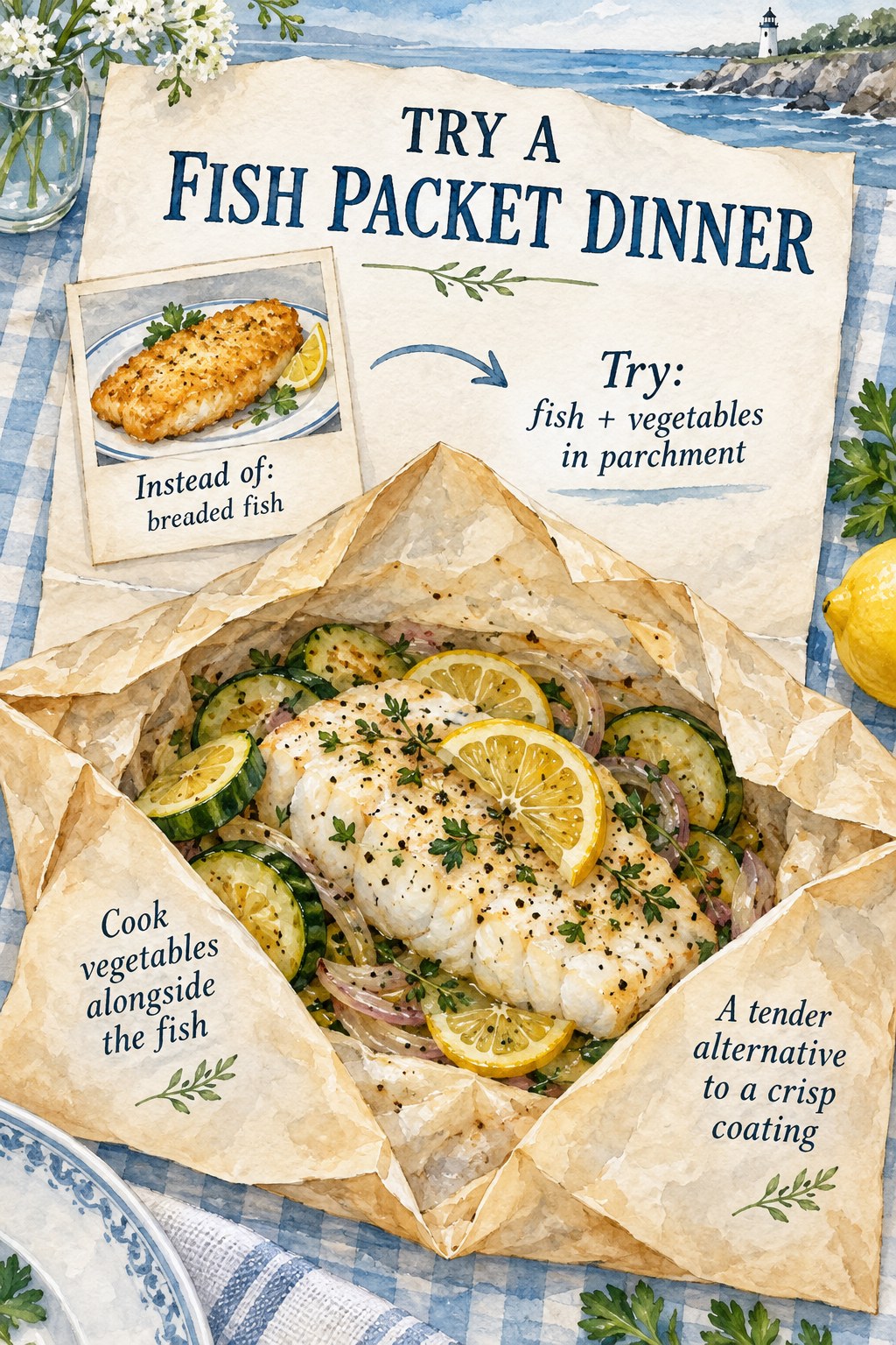 Breaded fish inset compared with cooked cod, zucchini and lemon in an opened parchment packet in a coastal watercolor layout.