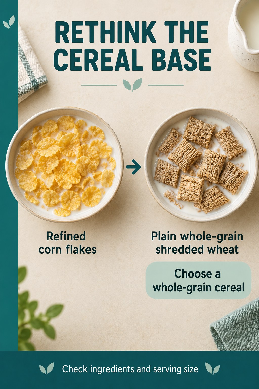 Refined corn flakes compared with plain whole-grain shredded wheat in matching milk-filled bowls.
