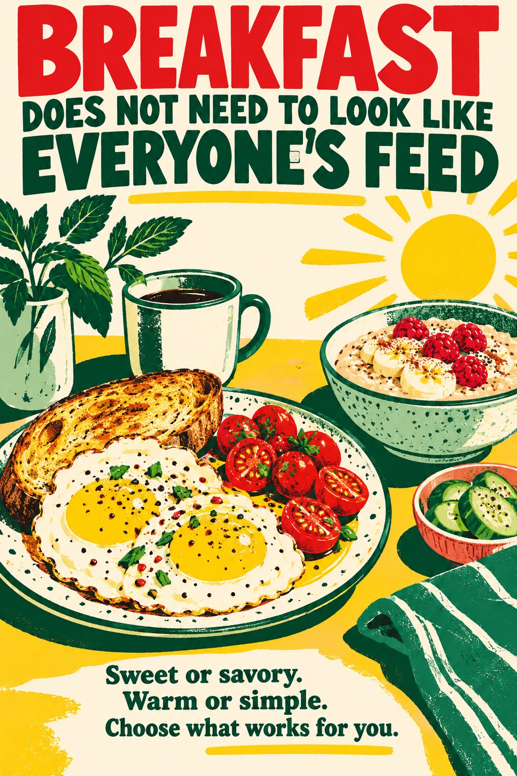 Savory breakfast of eggs, tomatoes, and toast with a message that breakfast need not resemble social media.