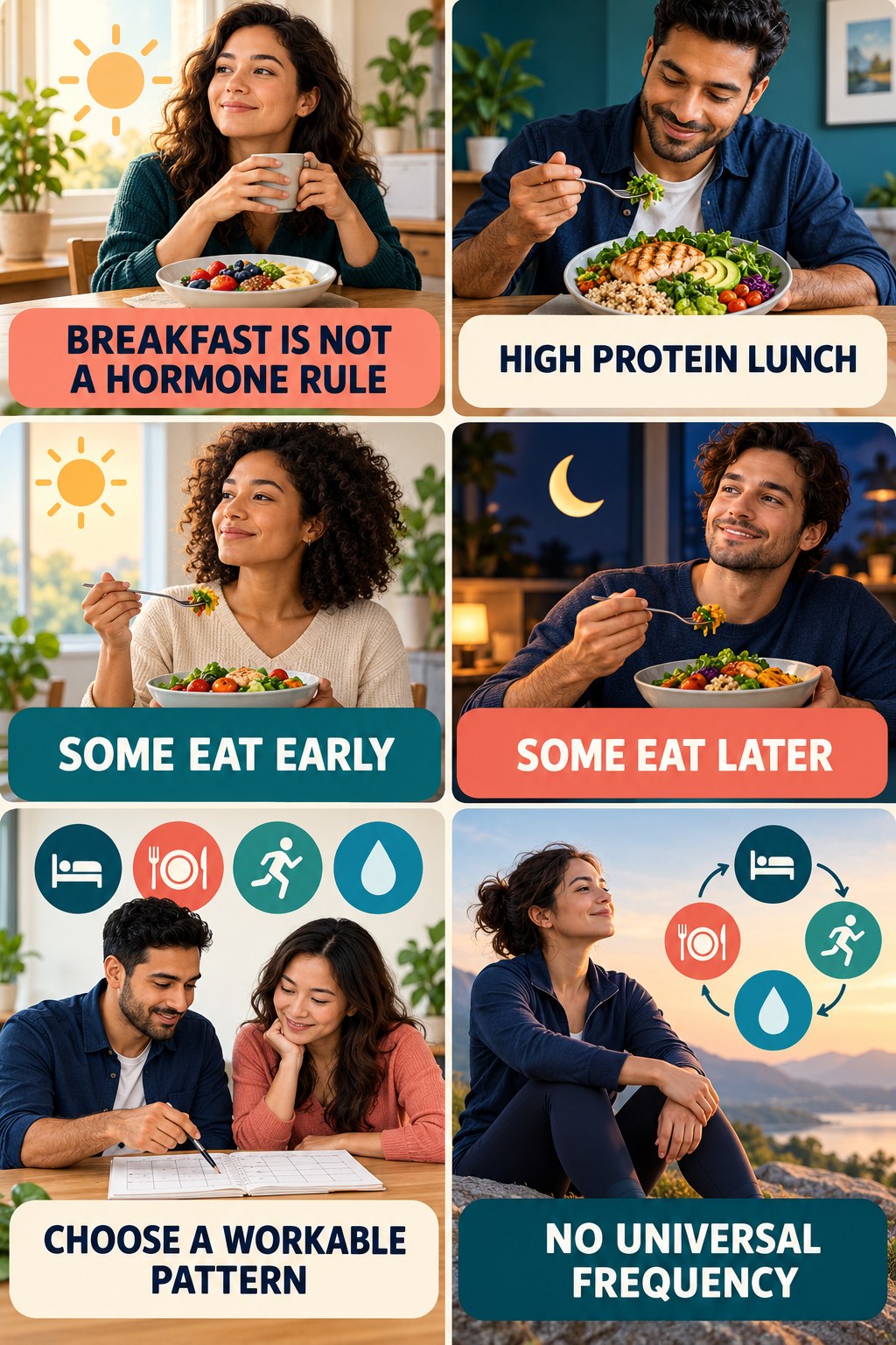 Breakfast Is Optional, Balance Still Matters natural-energy and hormone-health-literacy infographic for High Protein Lunch with four practical checks.
