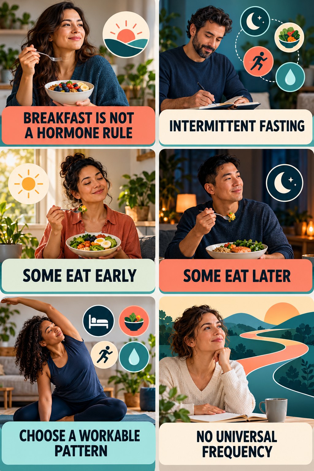 Breakfast Is Optional, Balance Still Matters natural-energy and hormone-health-literacy infographic for Intermittent Fasting with four practical checks.
