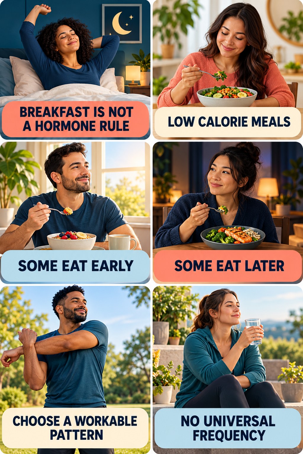 Breakfast Is Optional, Balance Still Matters natural-energy and hormone-health-literacy infographic for Low Calorie Meals with four practical checks.