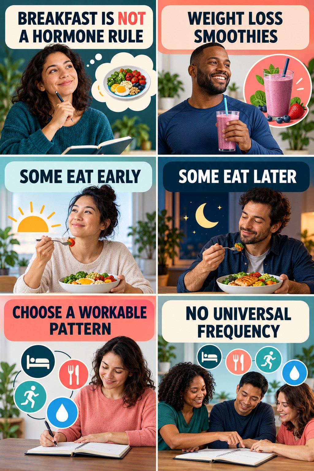 Breakfast Is Optional, Balance Still Matters natural-energy and hormone-health-literacy infographic for Weight Loss Smoothies with four practical checks.