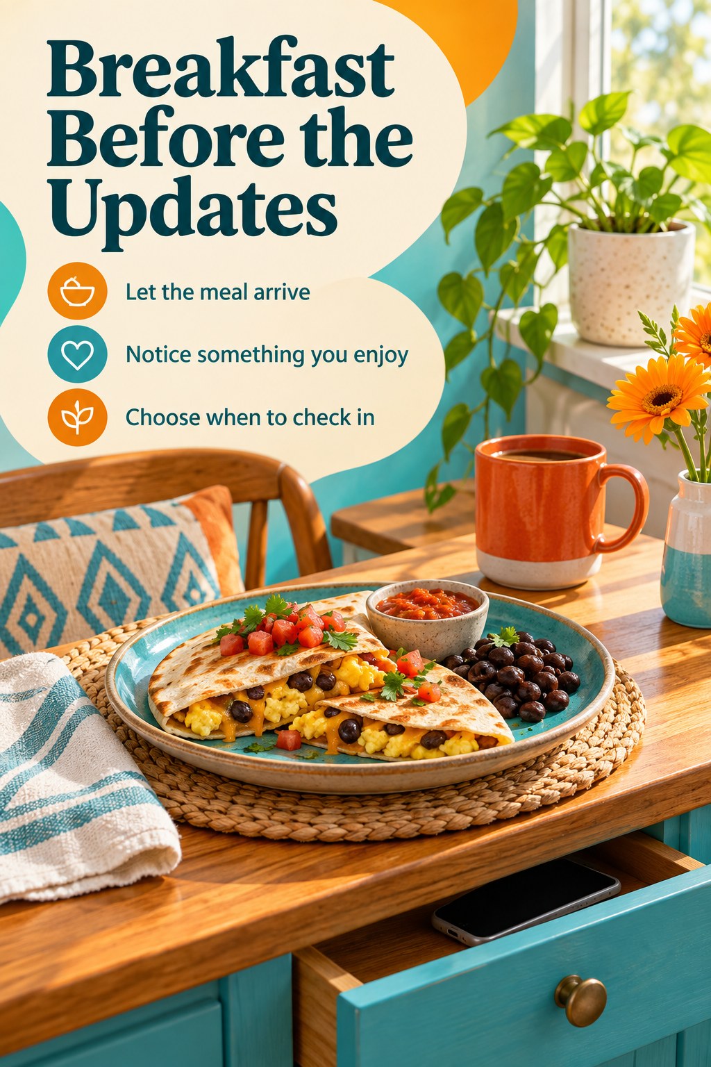 Breakfast quesadilla with salsa beside a closed phone drawer and a headline inviting breakfast before updates.
