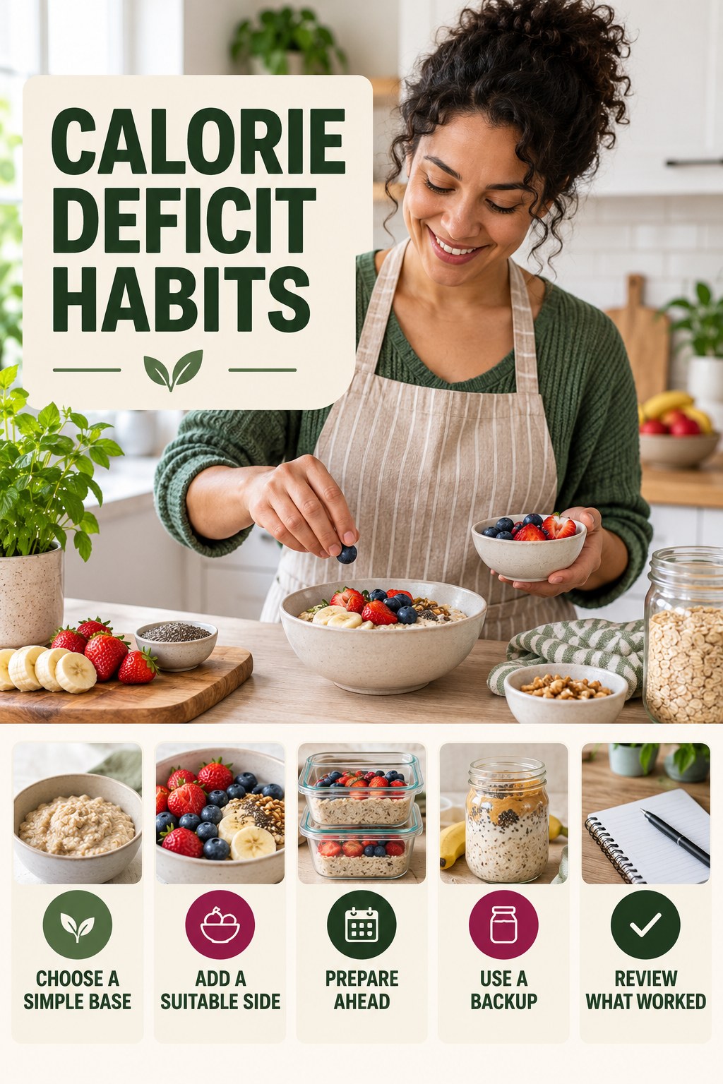 Breakfast Preparation Habits for Calorie Deficit with five readable habit cues and a realistic board-relevant wellness scene.