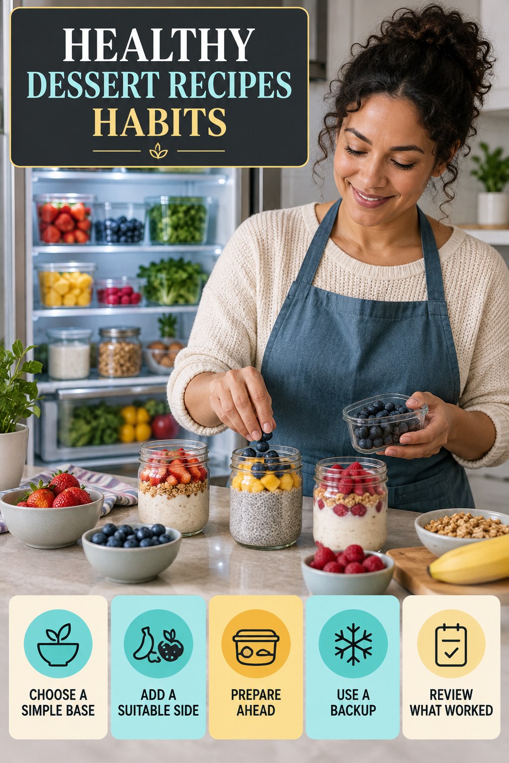 Breakfast Preparation Habits for Healthy Dessert Recipes with five readable habit cues and a realistic board-relevant wellness scene.