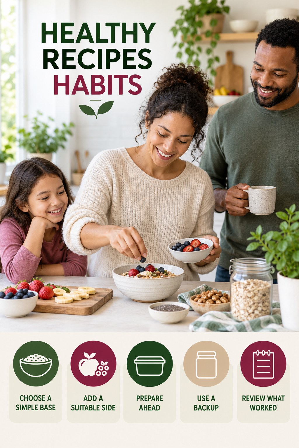 Breakfast Preparation Habits for Healthy Recipes with five readable habit cues and a realistic board-relevant wellness scene.