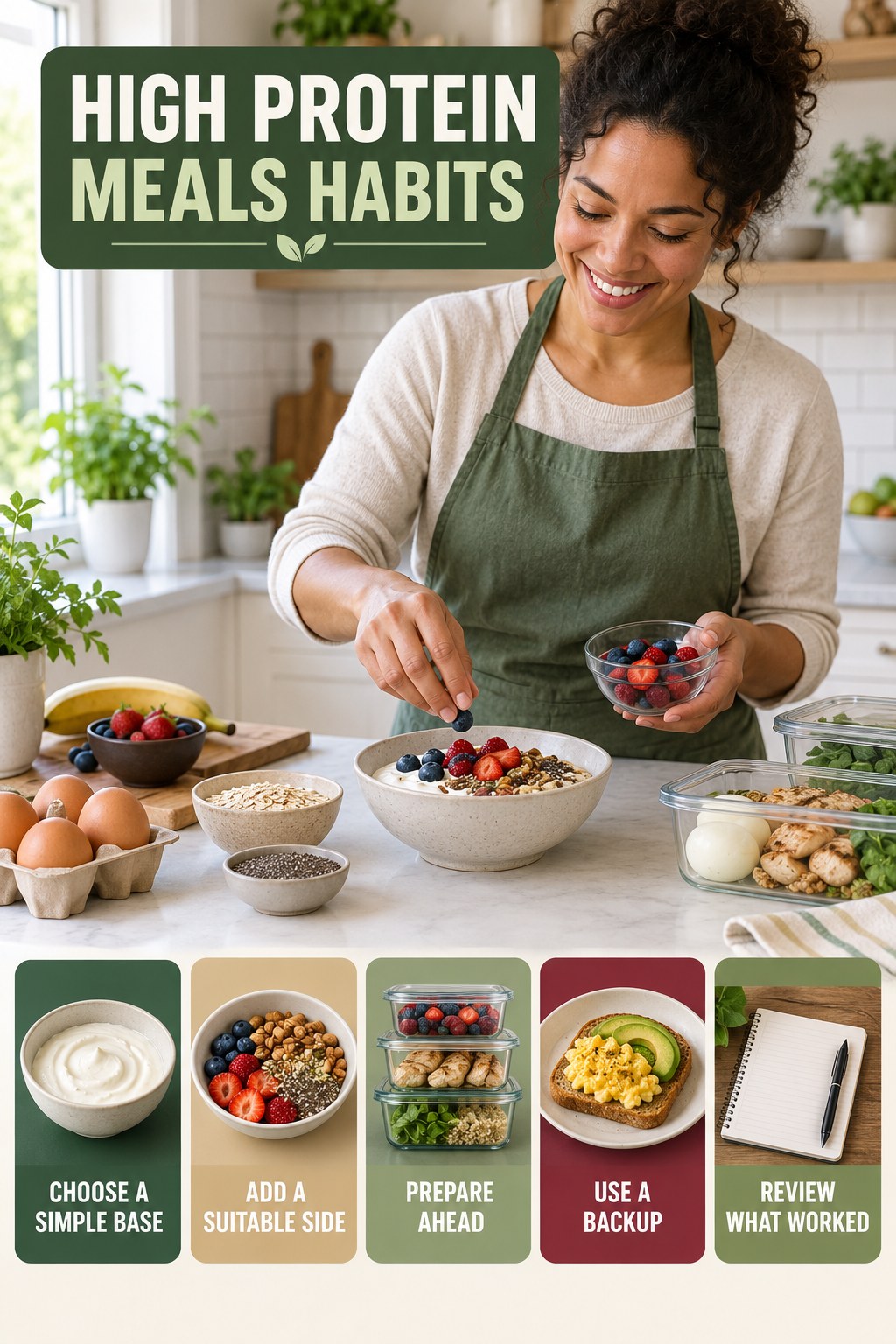 Breakfast Preparation Habits for High Protein Meals with five readable habit cues and a realistic board-relevant wellness scene.
