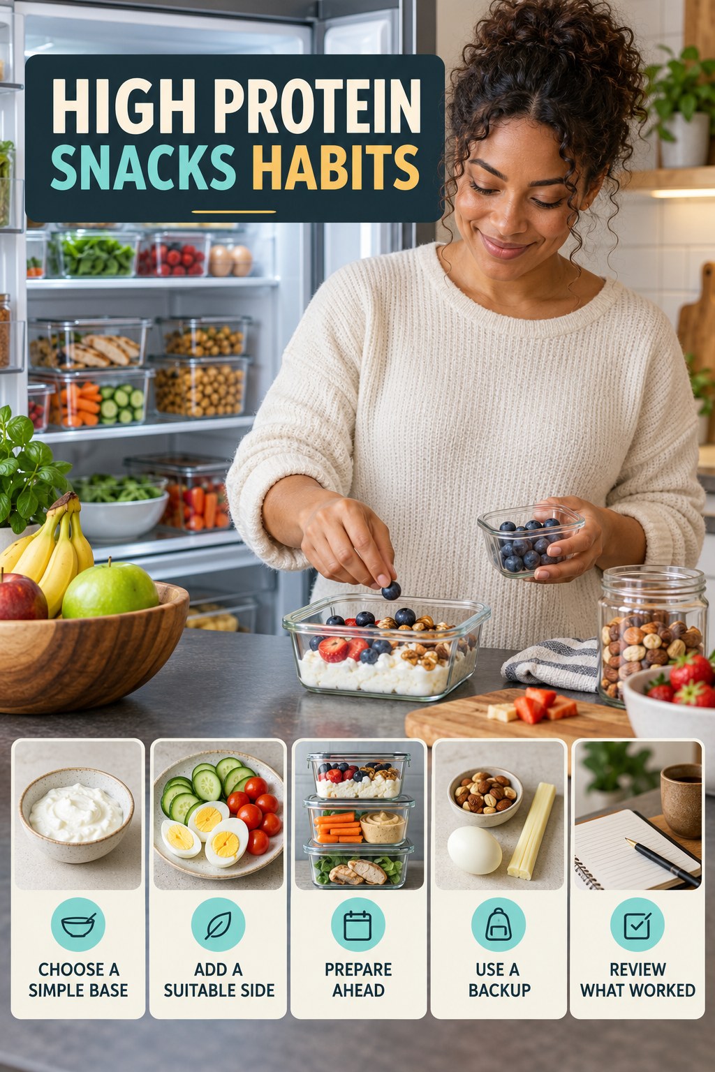 Breakfast Preparation Habits for High Protein Snacks with five readable habit cues and a realistic board-relevant wellness scene.