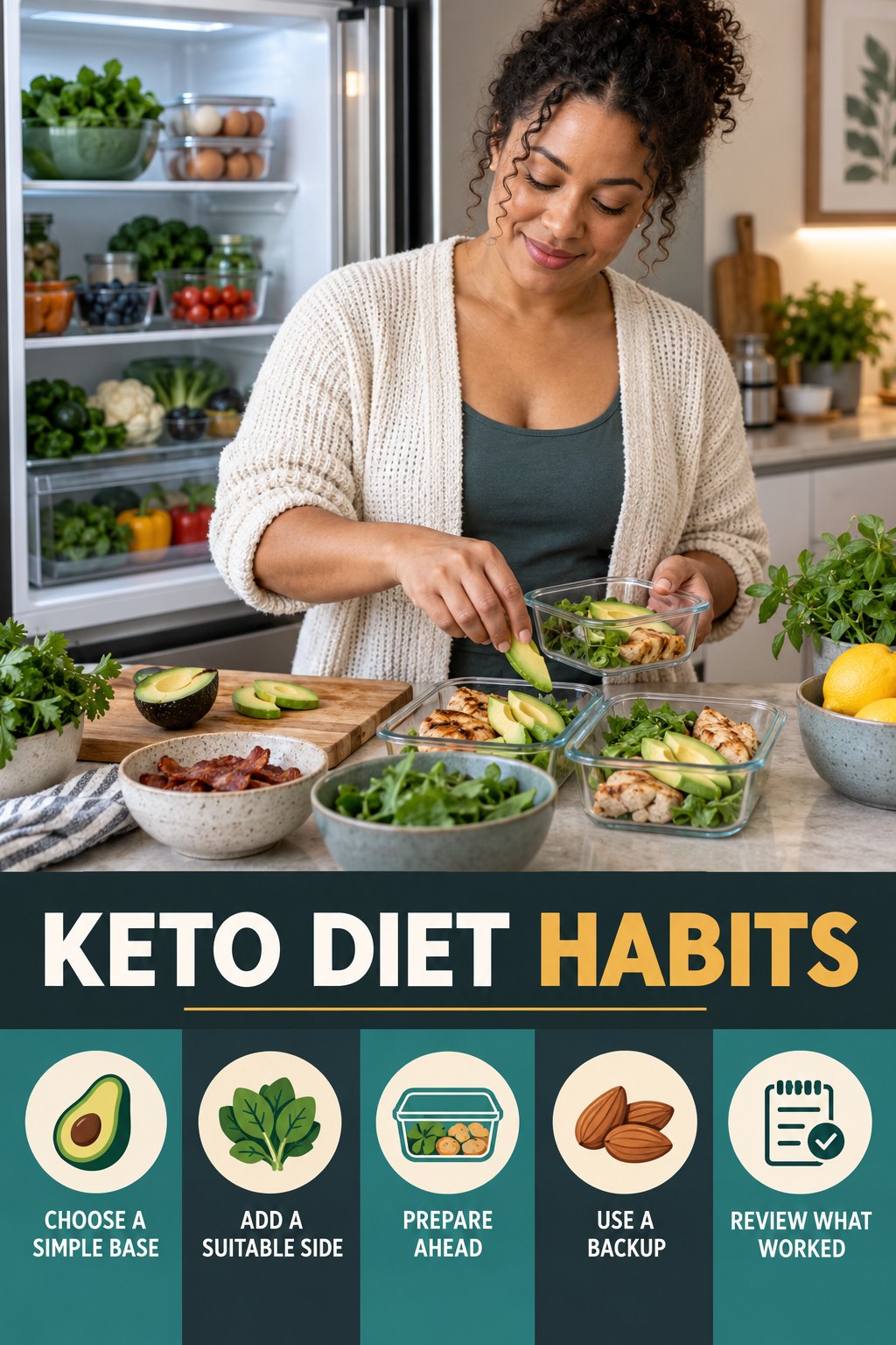 Breakfast Preparation Habits for Keto Diet with five readable habit cues and a realistic board-relevant wellness scene.