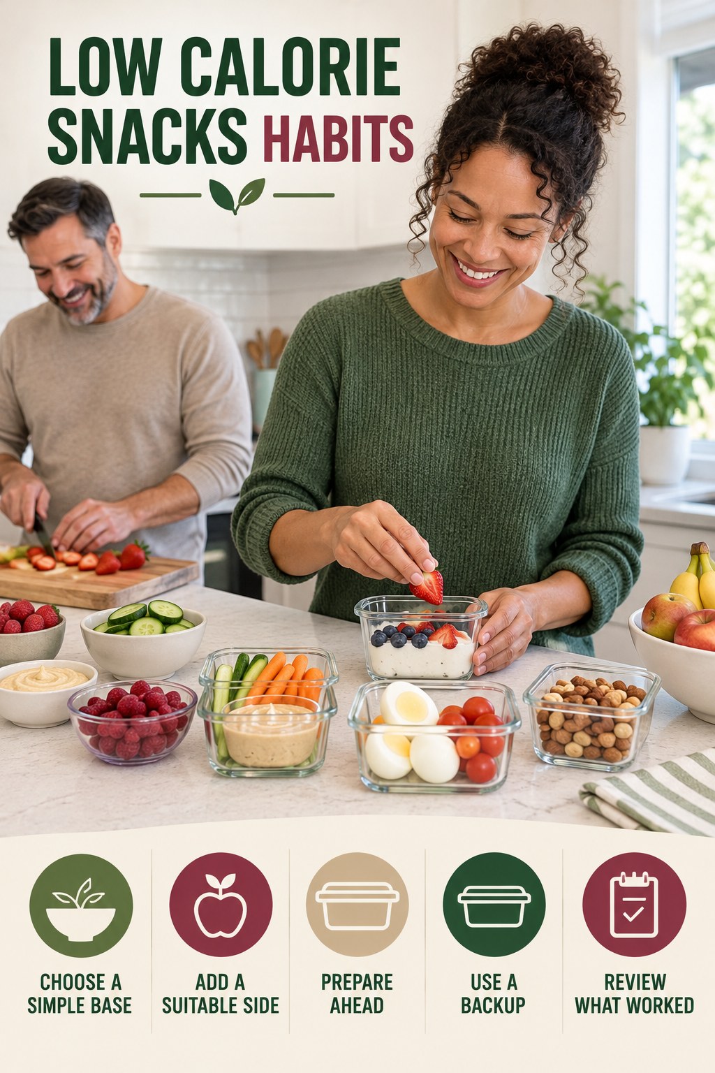 Breakfast Preparation Habits for Low Calorie Snacks with five readable habit cues and a realistic board-relevant wellness scene.