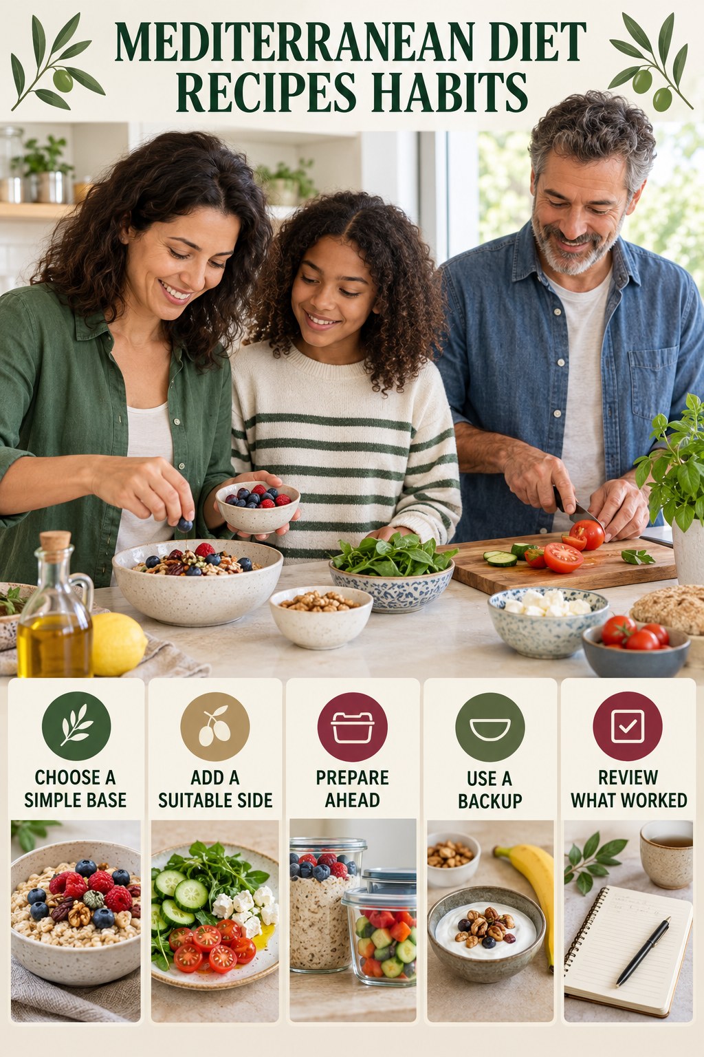 Breakfast Preparation Habits for Mediterranean Diet Recipes with five readable habit cues and a realistic board-relevant wellness scene.