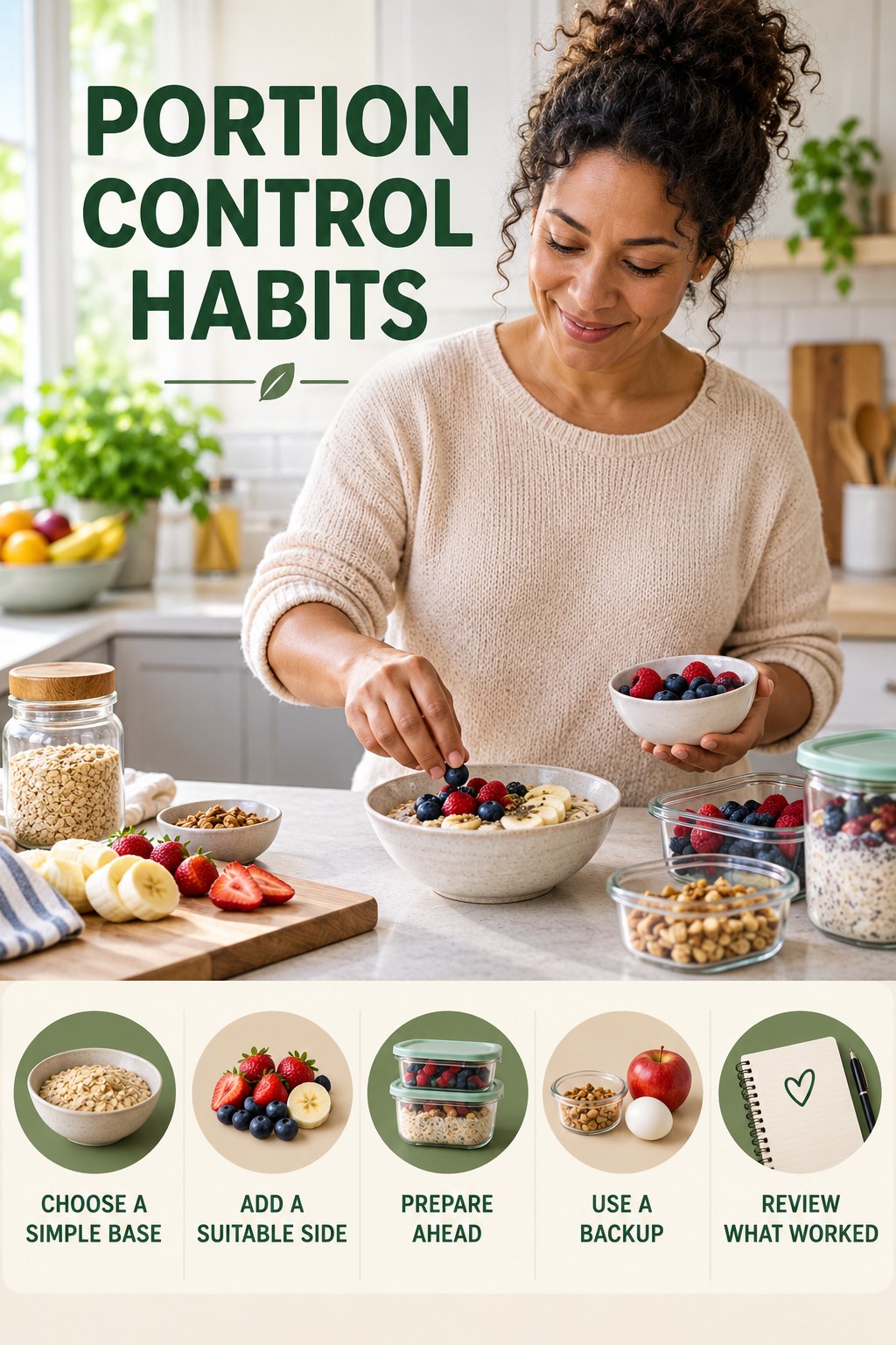 Breakfast Preparation Habits for Portion Control with five readable habit cues and a realistic board-relevant wellness scene.