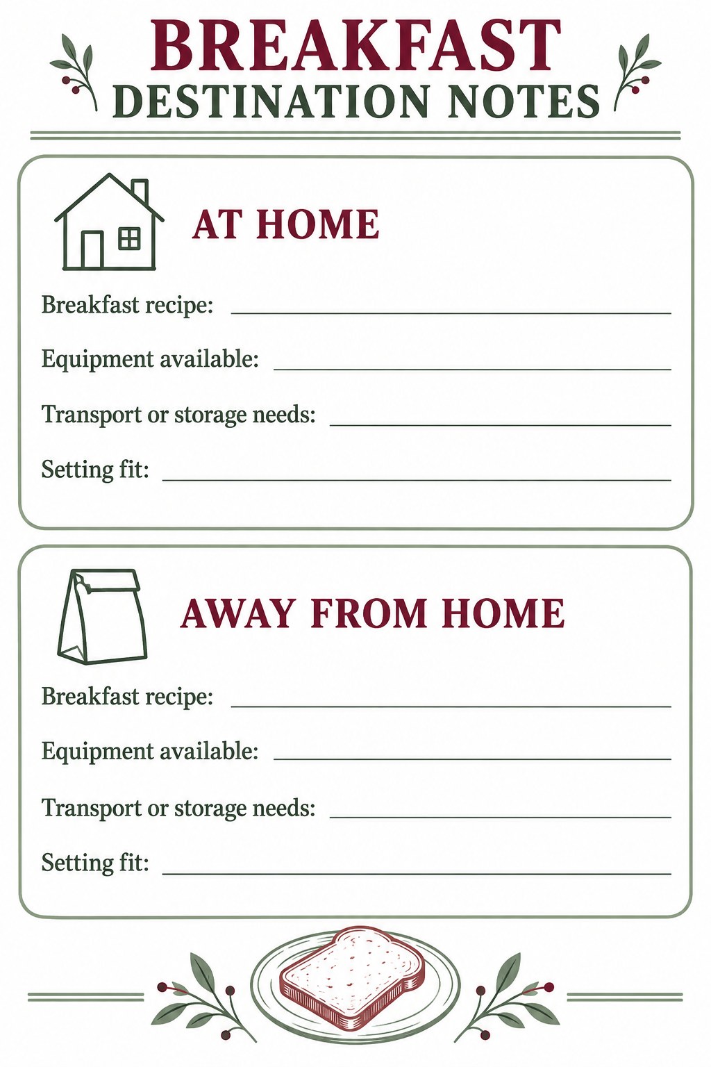 Blank breakfast destination tracker with home and away cards for recipe, equipment, transport, and setting fit.