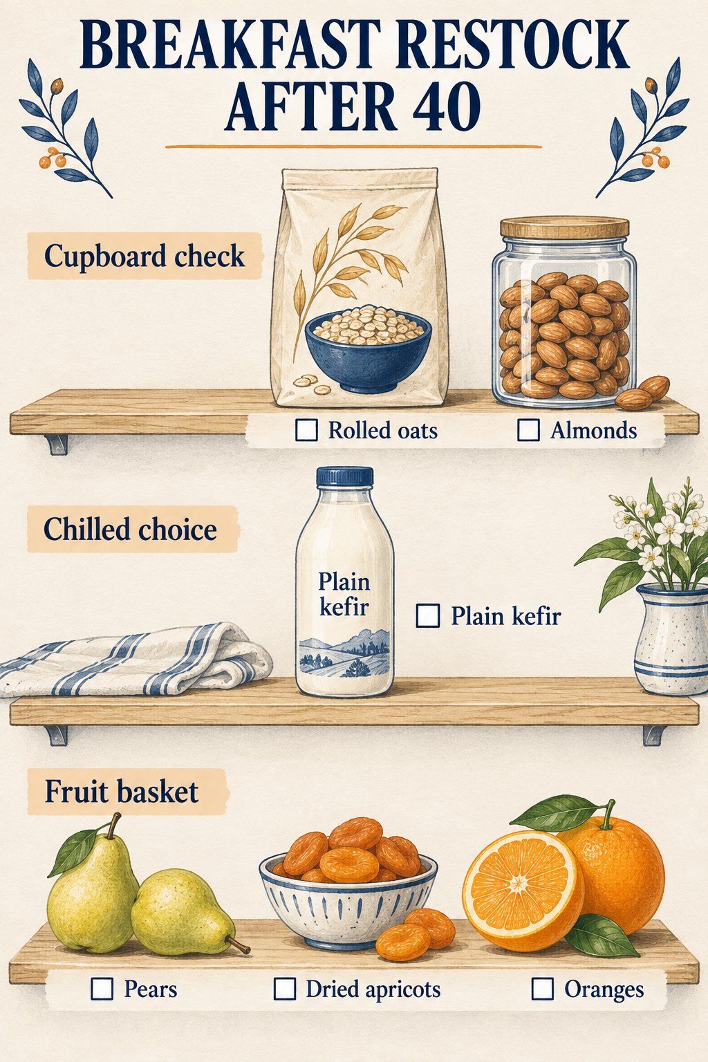 Indigo breakfast shelves listing rolled oats, almonds, plain kefir, pears, dried apricots and oranges.