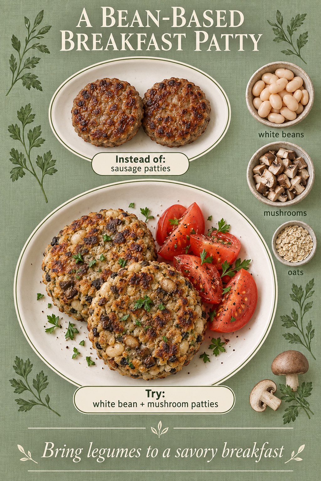 Sausage patties compared with white bean and mushroom patties, with bean, mushroom and oat ingredient bowls on sage linen.