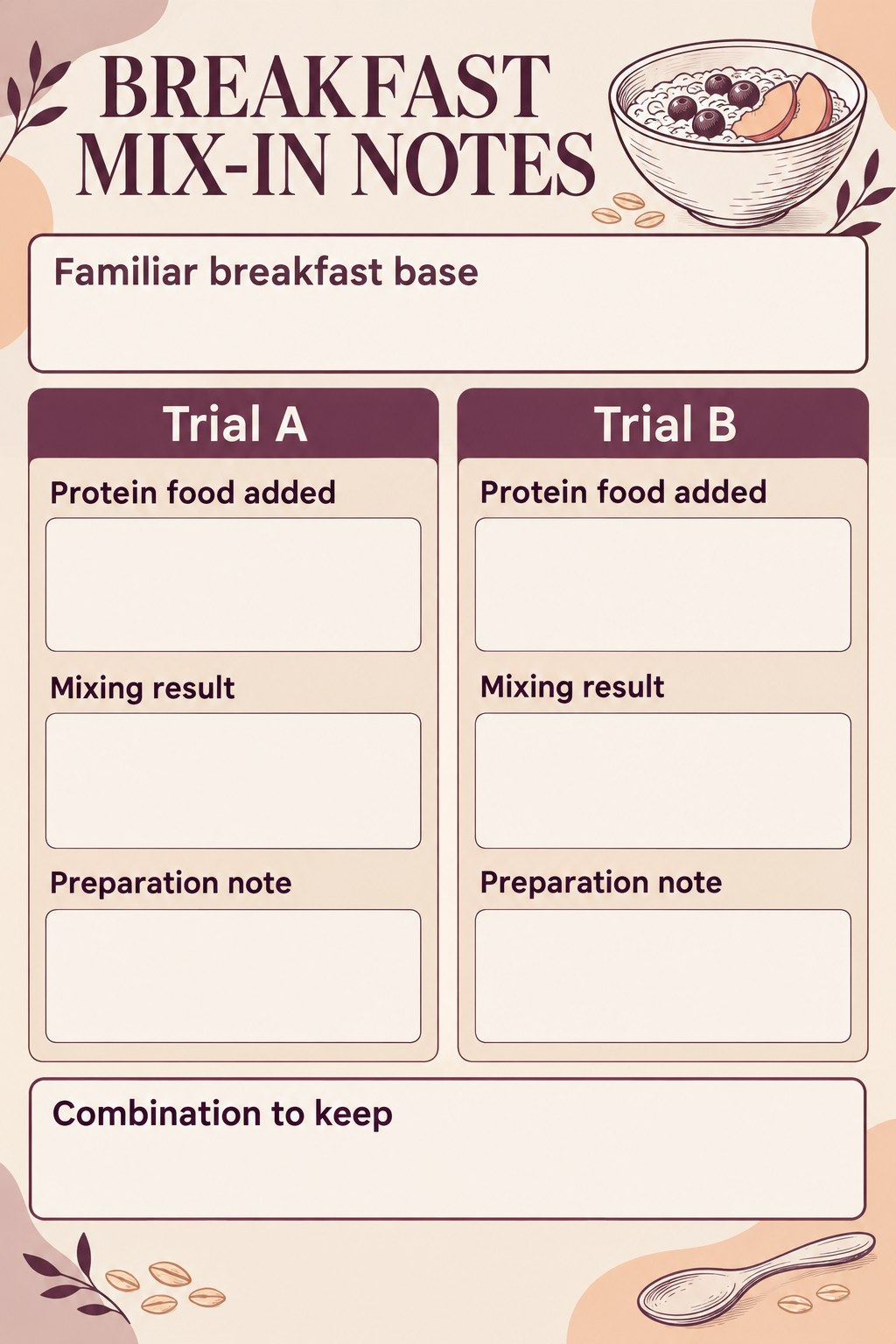 Blank breakfast mix-in worksheet with base field and two trials for added food, mixing result, and preparation note.