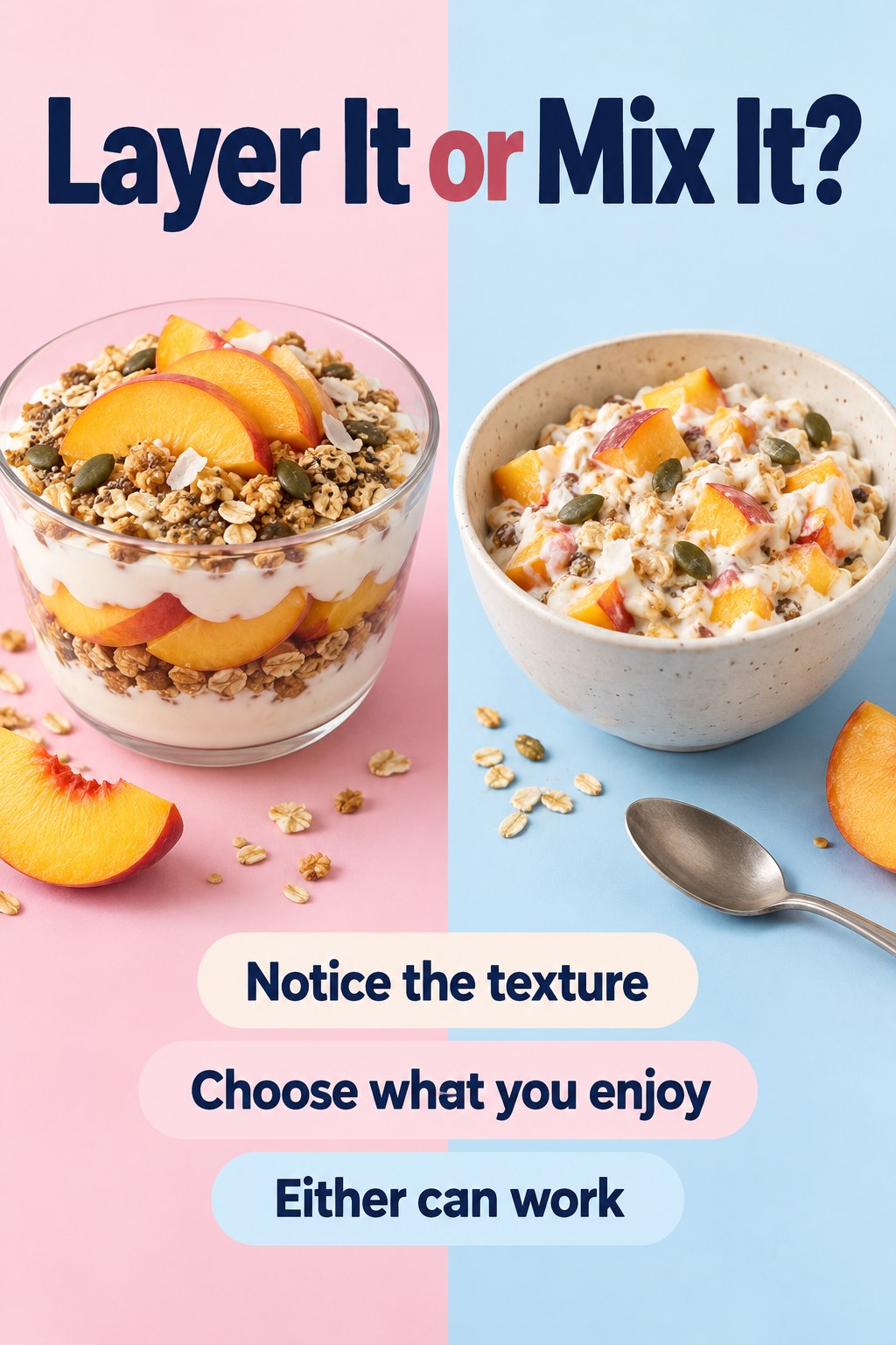 Two yogurt, muesli, and peach bowls showing layered and mixed textures with breakfast preference prompts.