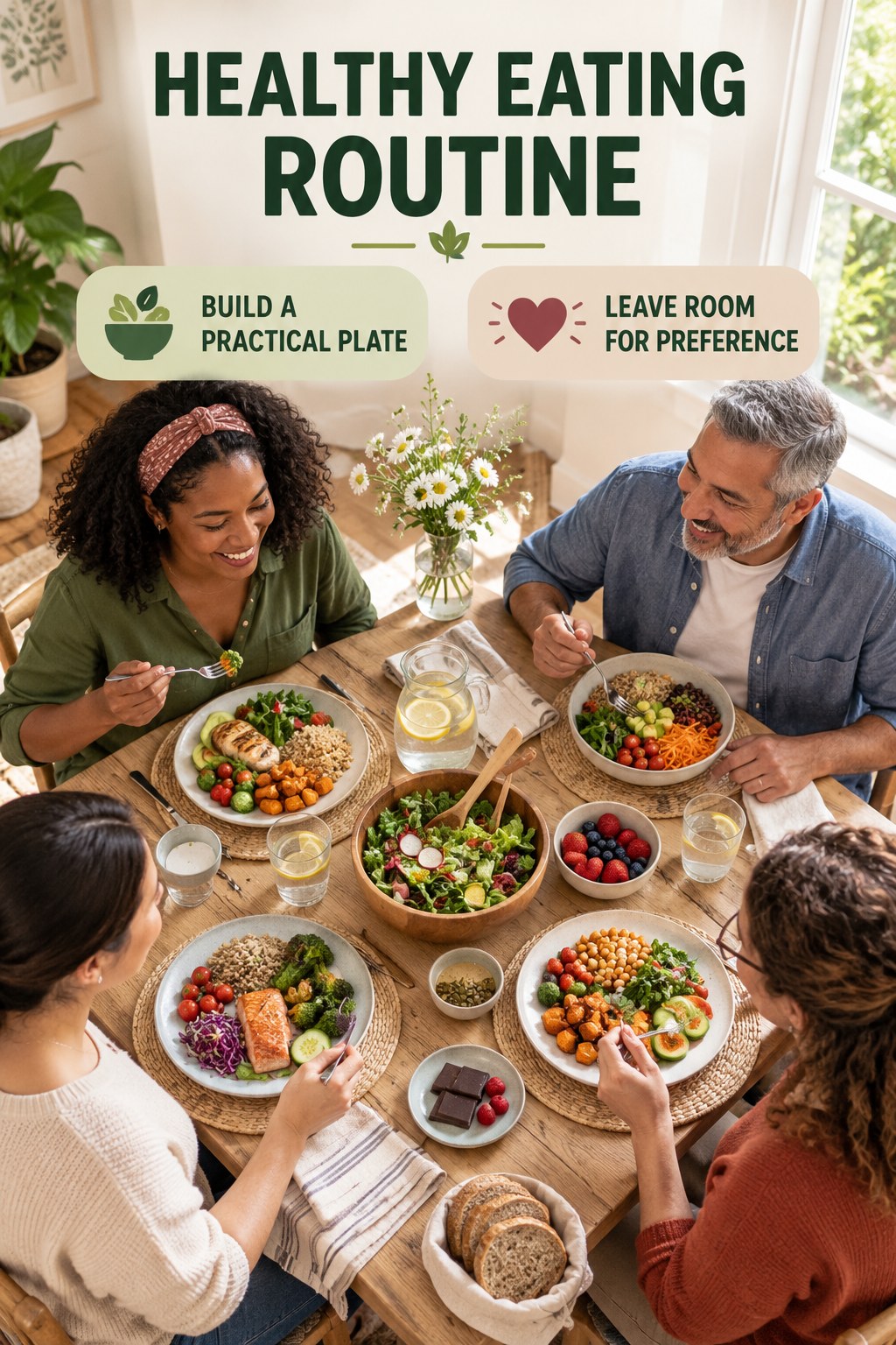 Bright Balanced Table for Healthy Eating in a sunlit dining corner, showing a practical, attainable routine with readable guidance.