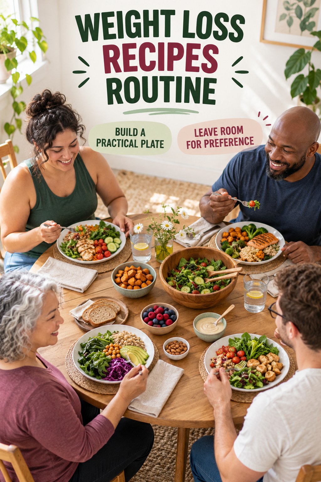 Bright Balanced Table for Weight Loss Recipes in a sunlit dining corner, showing a practical, attainable routine with readable guidance.