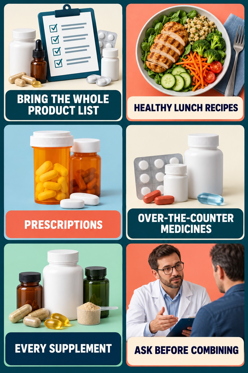 Bring a Complete Medicine and Supplement List supplement-interaction safety infographic for Healthy Lunch Recipes with four concise review points.