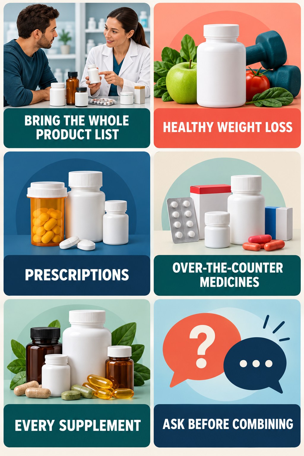 Bring a Complete Medicine and Supplement List supplement-interaction safety infographic for Healthy Weight Loss with four concise review points.