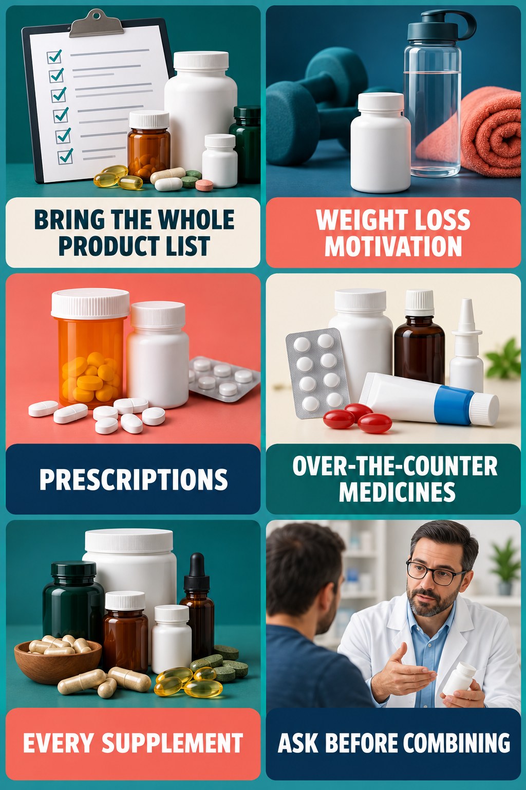 Bring a Complete Medicine and Supplement List supplement-interaction safety infographic for Weight Loss Motivation with four concise review points.