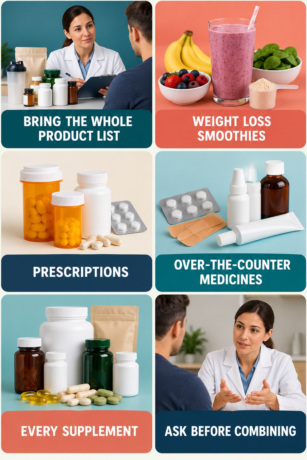 Bring a Complete Medicine and Supplement List supplement-interaction safety infographic for Weight Loss Smoothies with four concise review points.