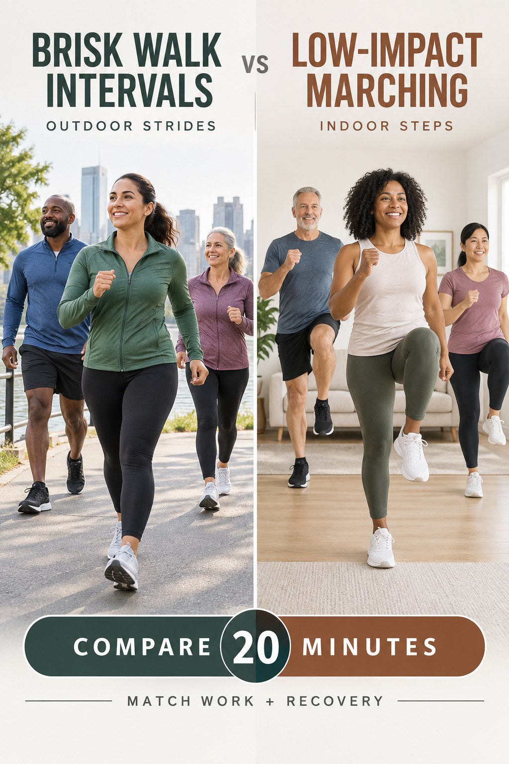 Adults doing brisk walking intervals outdoors and low-impact marching intervals indoors.