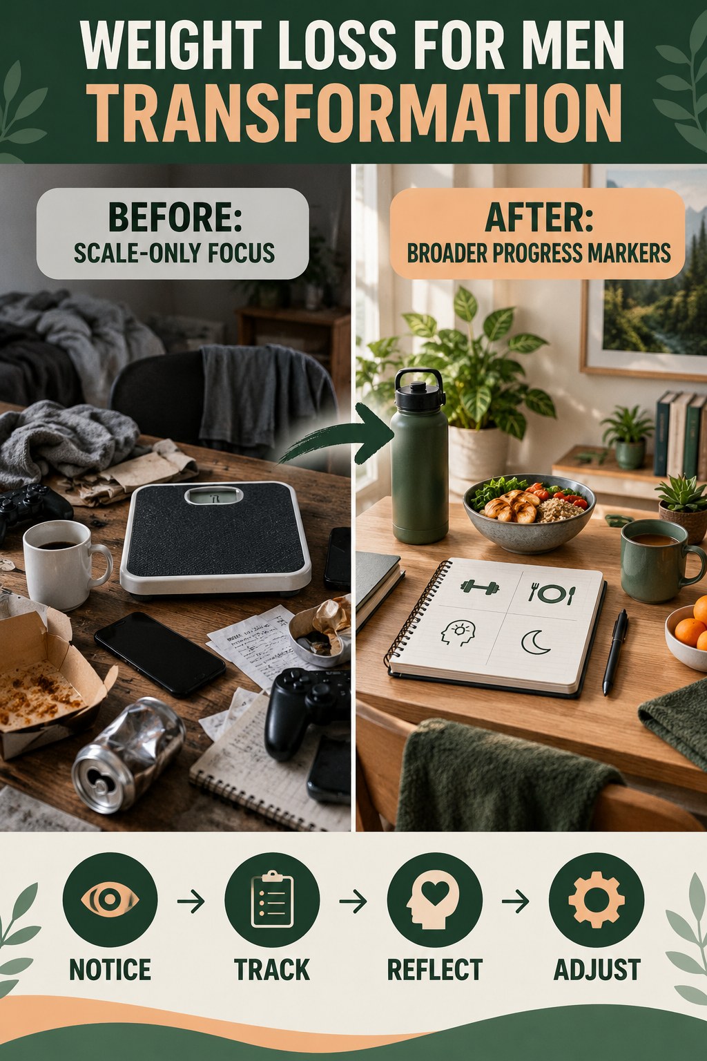 Weight Loss for Men habit transformation graphic comparing scale-only focus with broader progress markers using four practical steps.