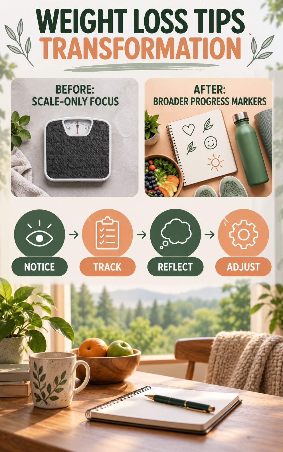 Weight Loss Tips habit transformation graphic comparing scale-only focus with broader progress markers using four practical steps.
