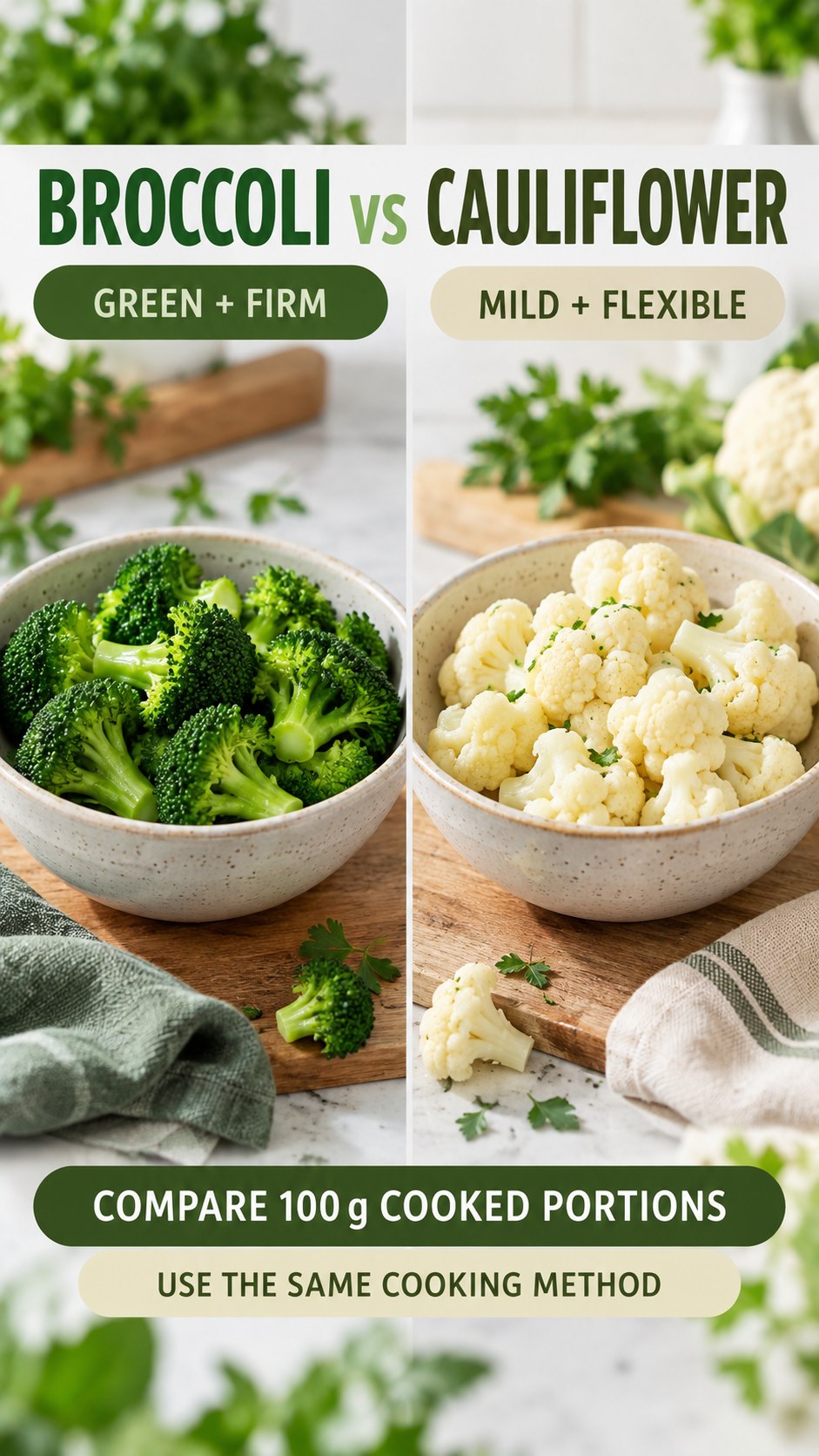 Broccoli and cauliflower in equal 100 g cooked portions, compared for texture, flavor, cooking method, and meal use.