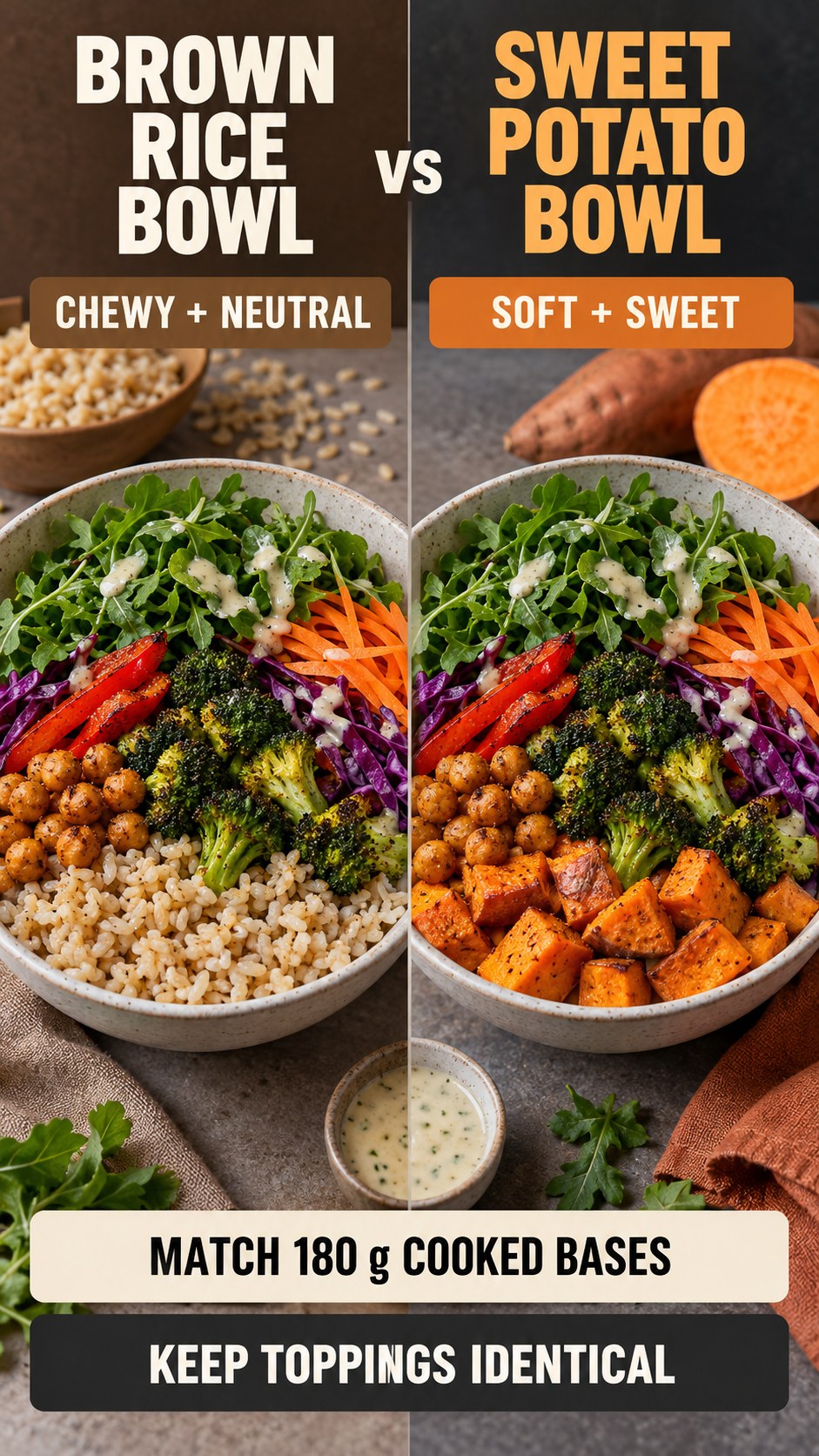 Brown rice dinner bowl and roasted sweet potato dinner bowl with identical vegetables and toppings.