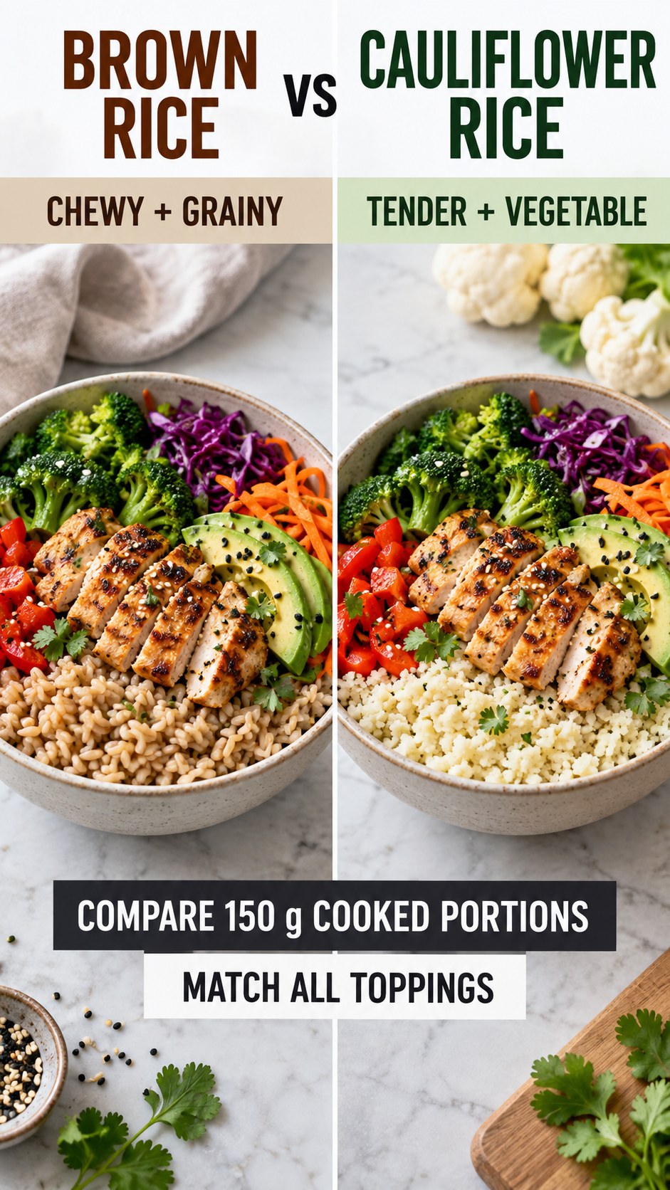 Brown rice and cauliflower rice in equal cooked portions with identical vegetables and protein in meal-prep bowls.