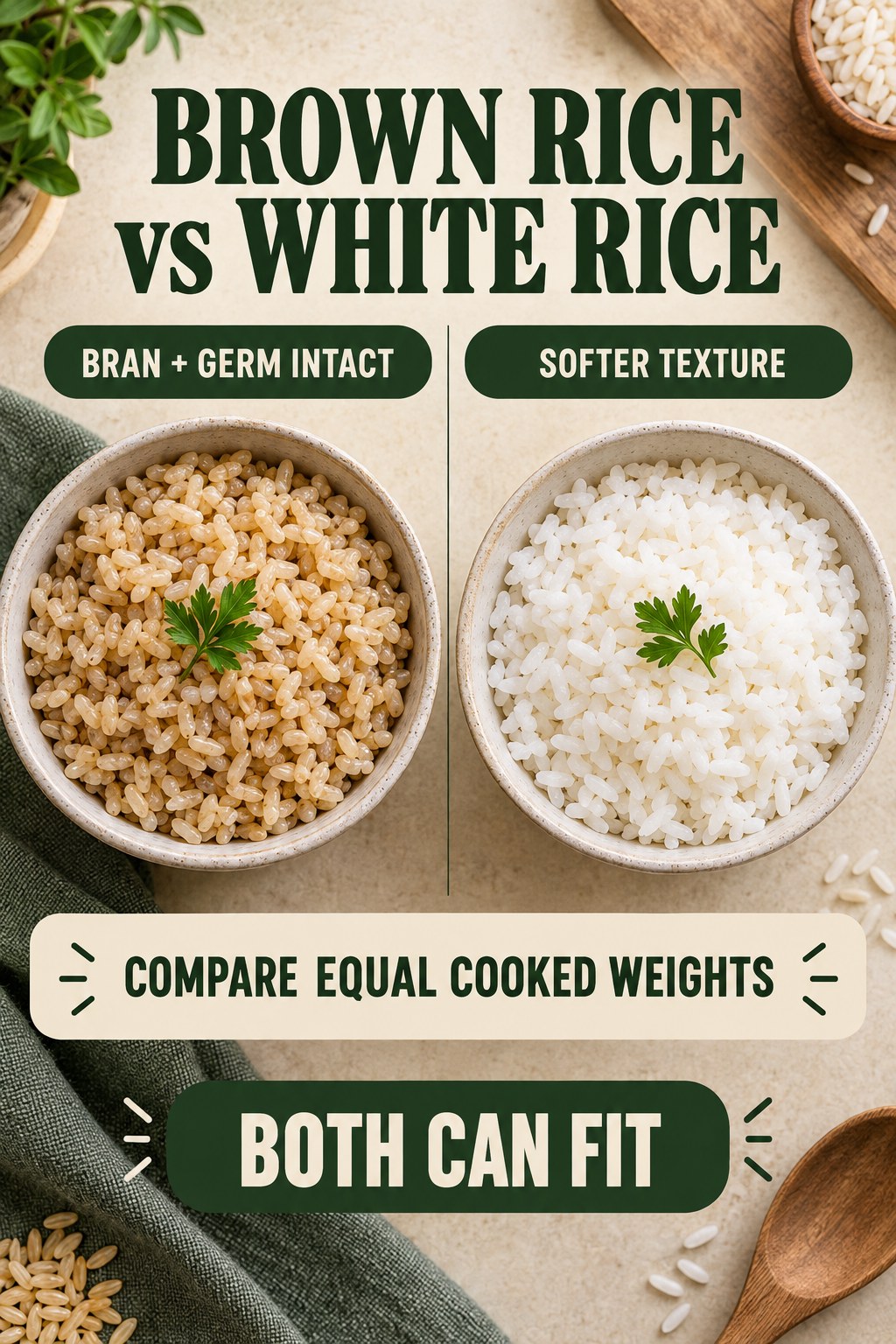 Brown rice and white rice in equal cooked portions, compared for grain structure, texture, preparation, and meal use.