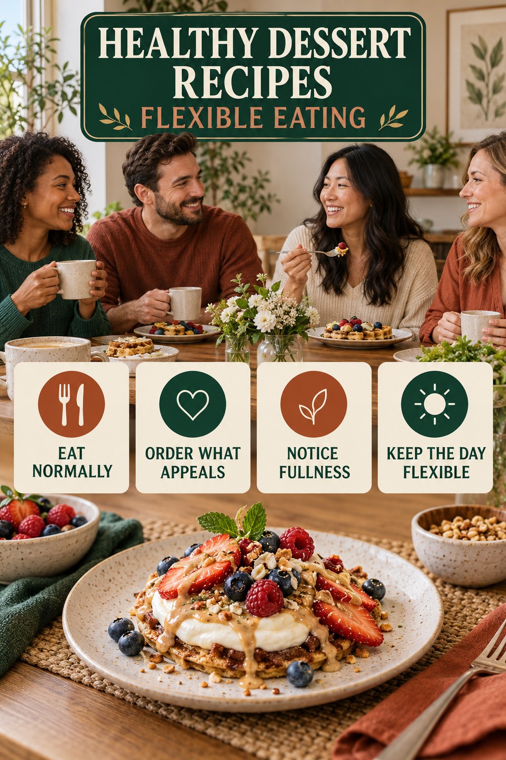 Healthy Dessert Recipes flexible eating graphic titled Brunch Balance with four practical balance prompts.