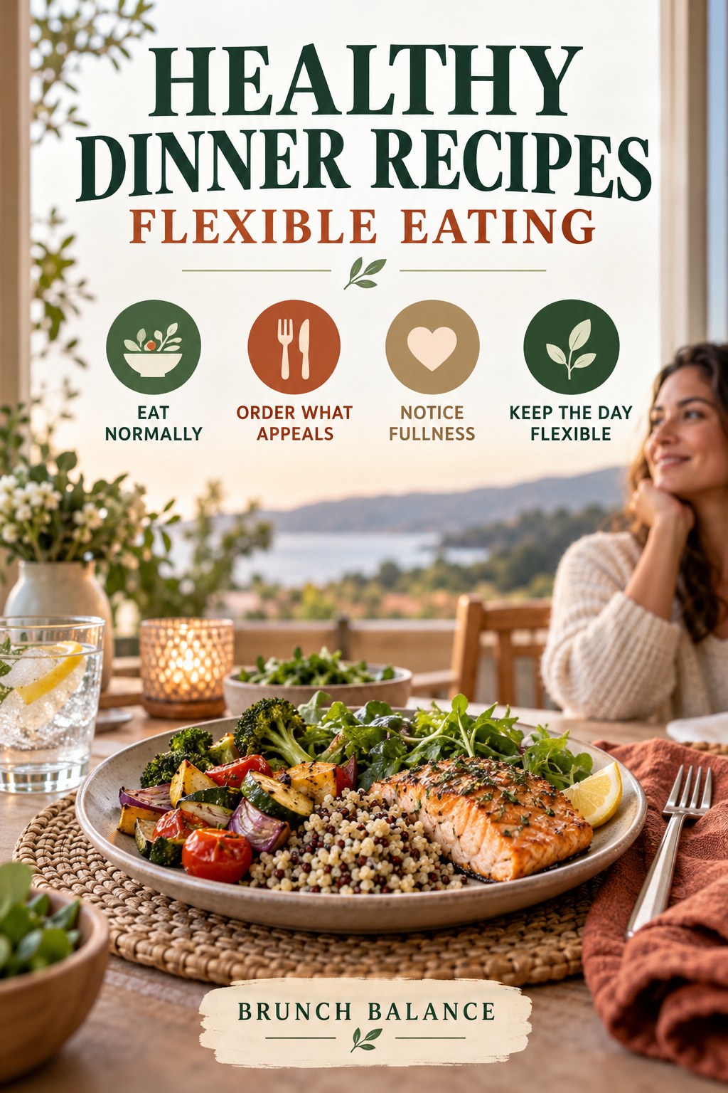 Healthy Dinner Recipes flexible eating graphic titled Brunch Balance with four practical balance prompts.