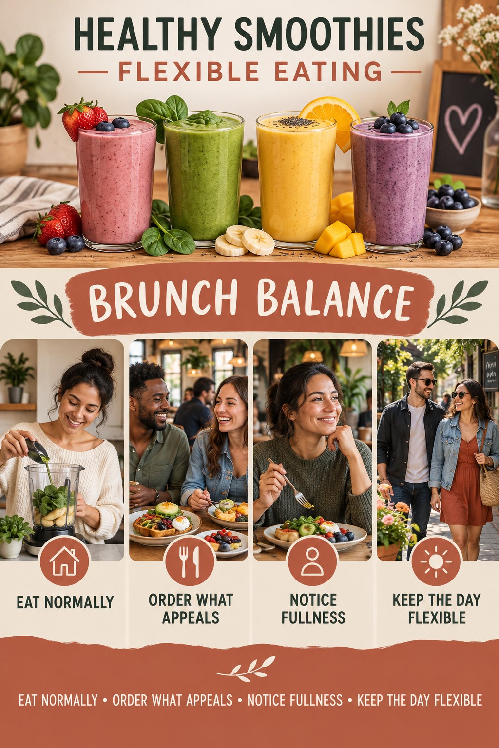 Healthy Smoothies flexible eating graphic titled Brunch Balance with four practical balance prompts.