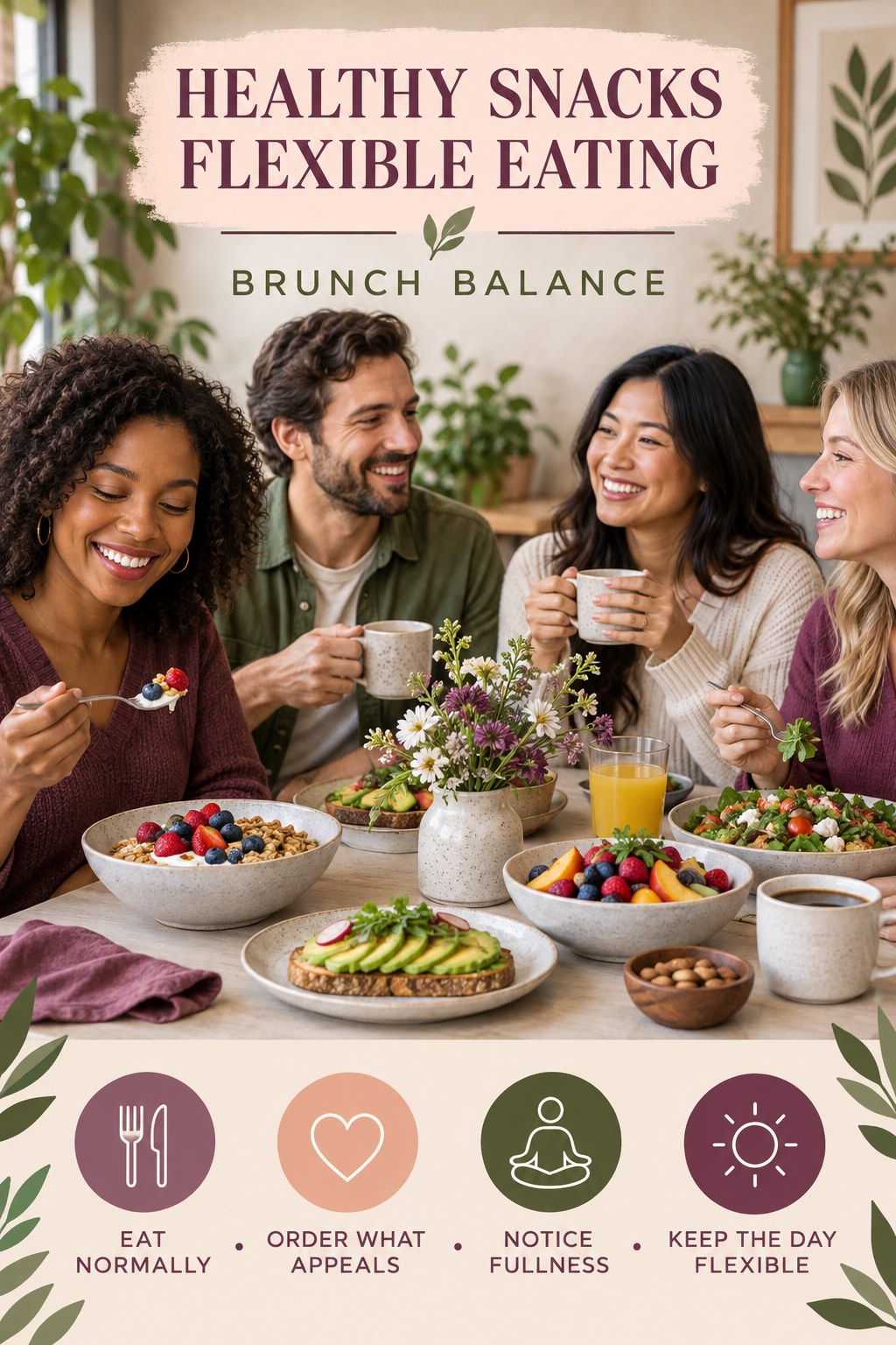 Healthy Snacks flexible eating graphic titled Brunch Balance with four practical balance prompts.