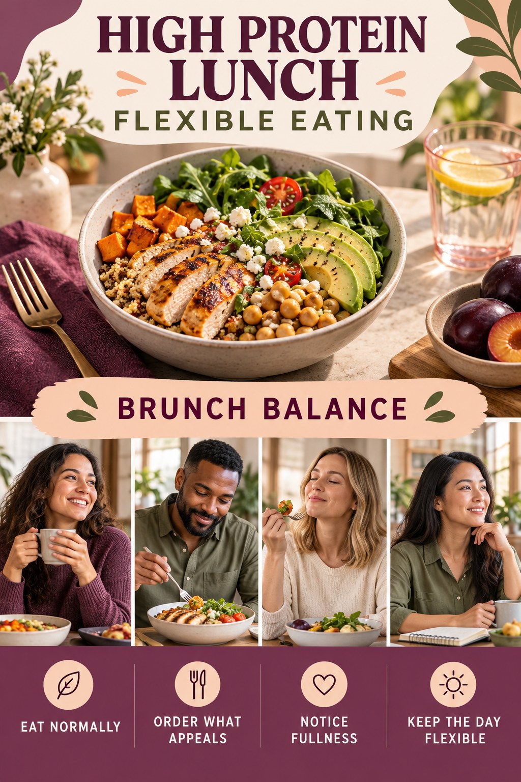 High Protein Lunch flexible eating graphic titled Brunch Balance with four practical balance prompts.