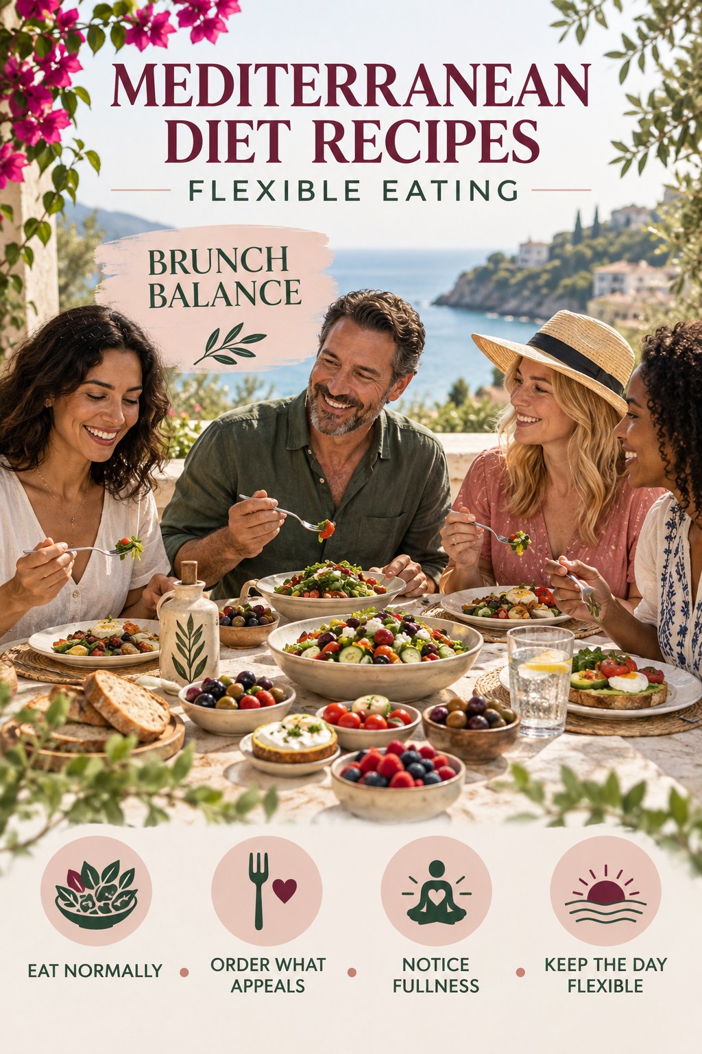 Mediterranean Diet Recipes flexible eating graphic titled Brunch Balance with four practical balance prompts.