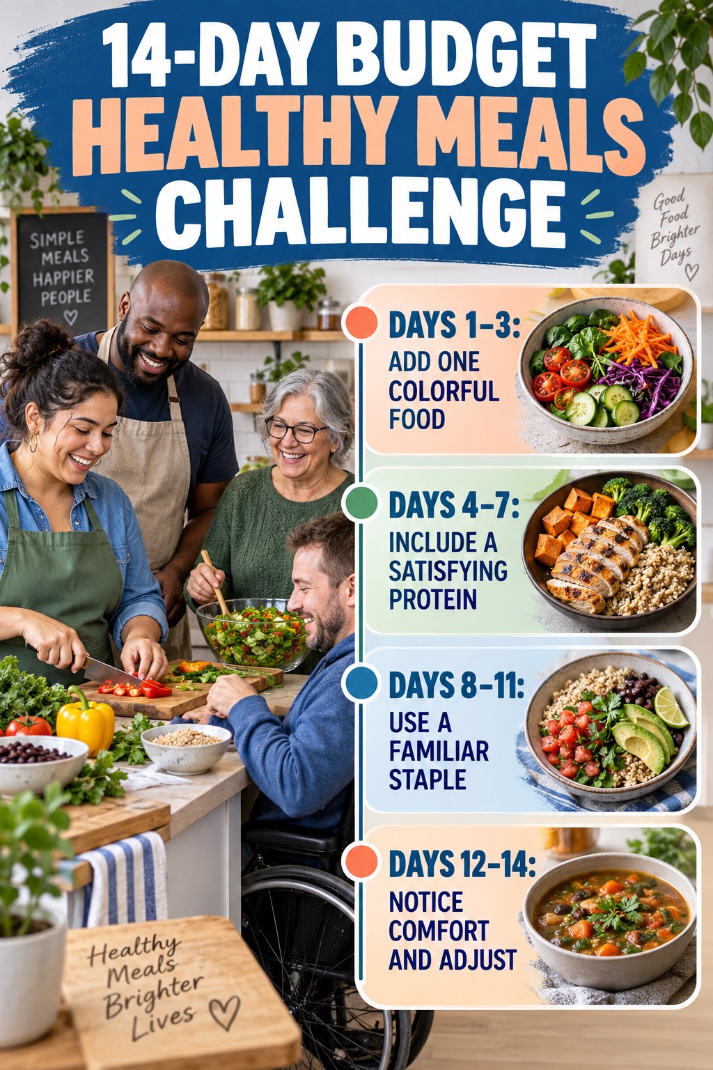 14-day Budget Healthy Meals challenge graphic showing four manageable milestones for consistent practice.
