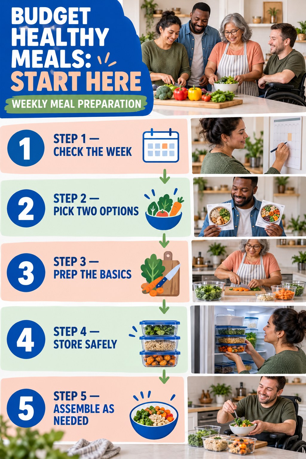 Budget Healthy Meals beginner guide graphic showing five manageable stages for weekly meal preparation.