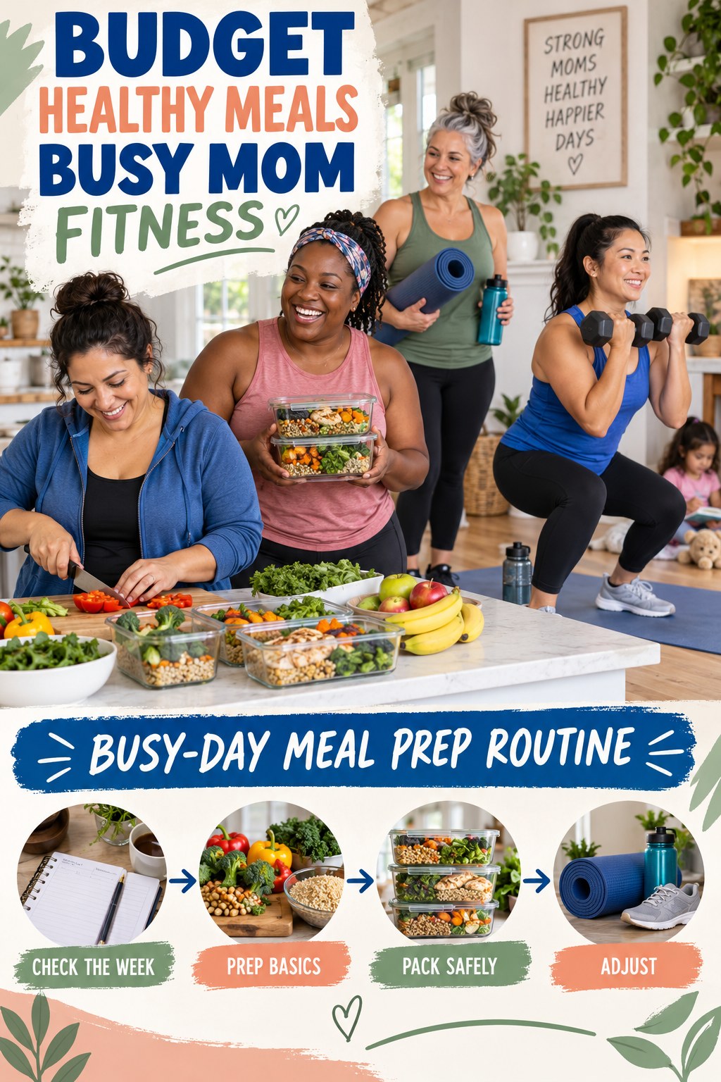 Budget Healthy Meals busy-mom fitness graphic titled Busy-Day Meal Prep Routine with four practical movement prompts.
