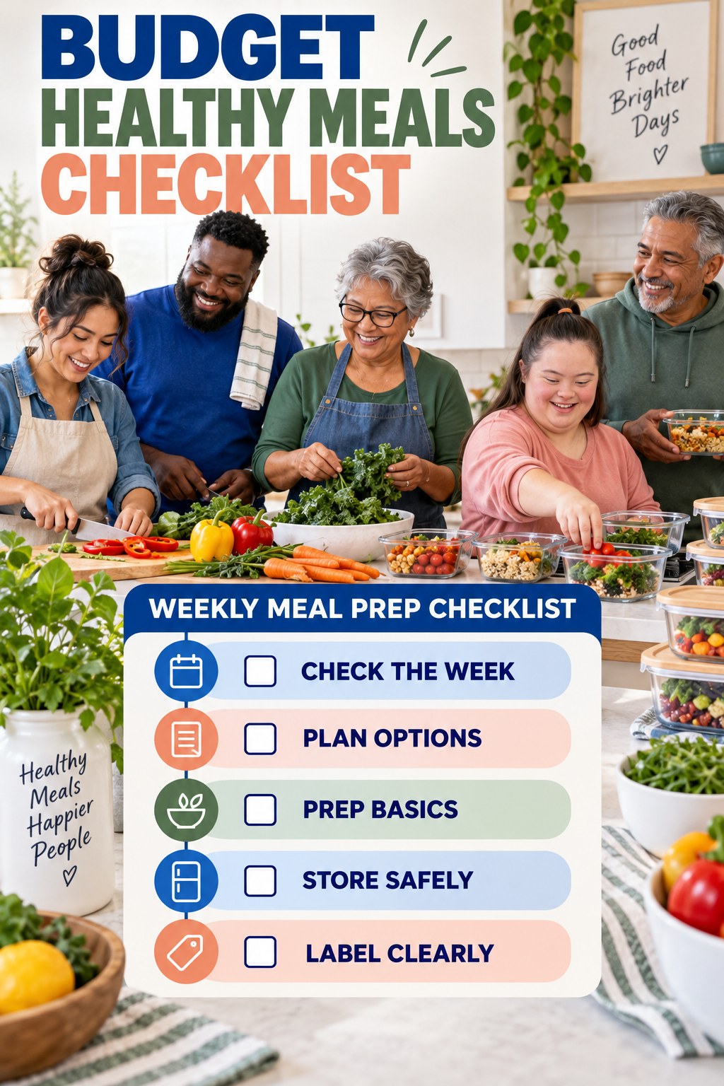 Budget Healthy Meals checklist graphic titled Weekly Meal Prep Checklist with five clear practical wellness items.