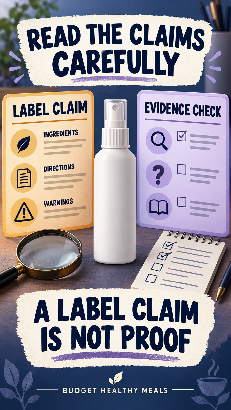 Claim Versus Evidence Review infographic for Budget Healthy Meals, showing a generic spray-label checklist that separates available facts, missing details, and evidence questions.